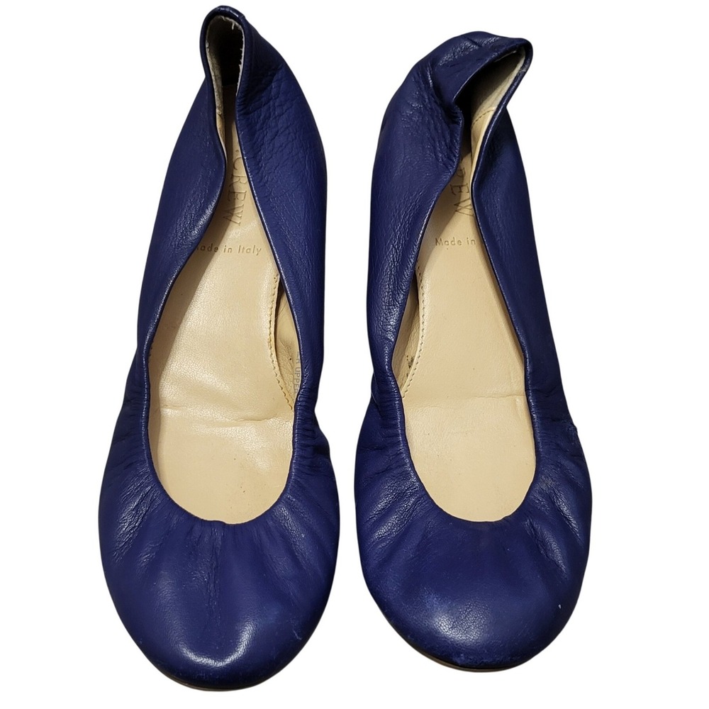 J.Crew Blue Leather Ballet Flats Made in‎ Italy Round Toe Elastic 64408 Size 6.5